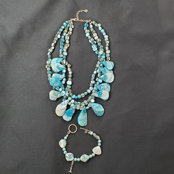 BARSE Mother Pearl Turquoise 925 Sterling Silver 3 Layer 18" Necklace & Bracelet - Picture 3 of 14